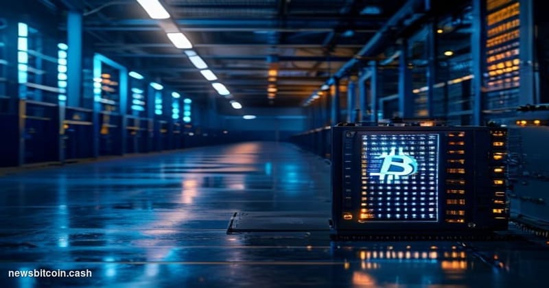 Cinematic photorealistic editorial photograph of a large-scale Bitcoin mining facility interior, rows of ASIC mining rigs bat