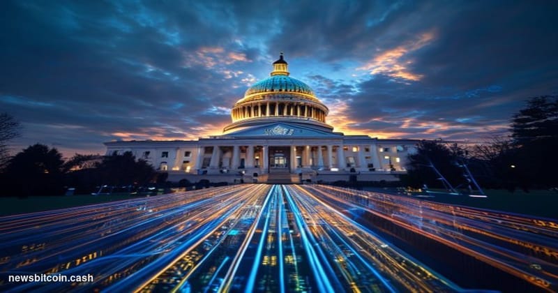 Cinematic photorealistic editorial photograph of the United States Capitol building in Washington D.C. shot at dusk, viewed f