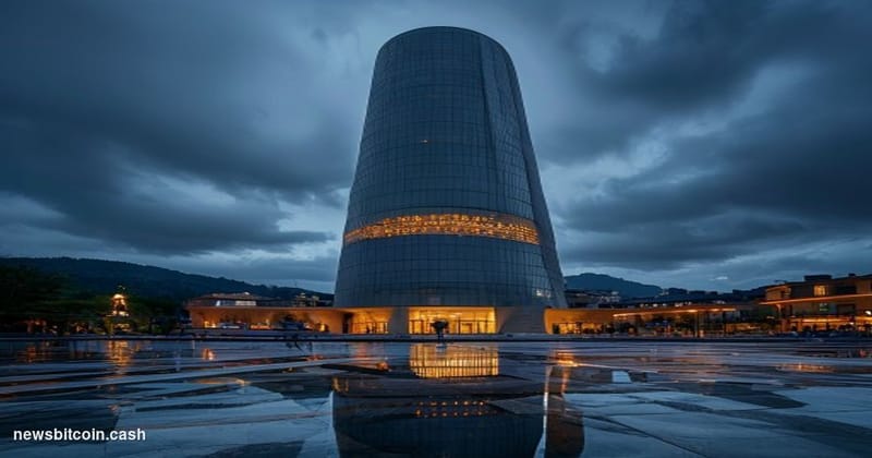 Cinematic photorealistic editorial photograph of the Bank for International Settlements headquarters in Basel, Switzerland — 