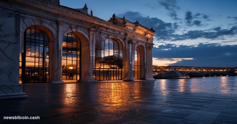 Cinematic photorealistic editorial photograph of Lisbon's iconic Praça do Comércio waterfront at dusk, with the grand neoclas