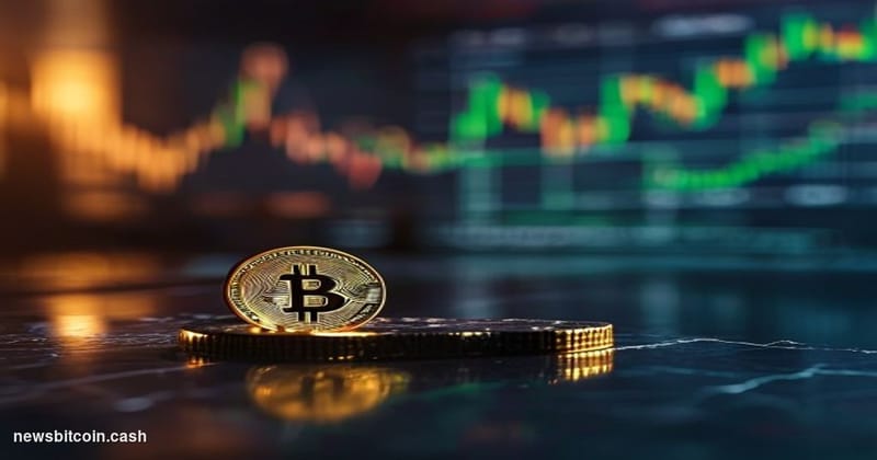 A dramatic close-up of a physical gold Bitcoin coin balanced on the edge of a dark marble trading desk, caught in the moment 