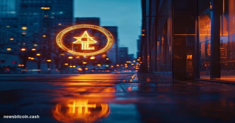 Cinematic photorealistic editorial photograph of a large illuminated Bitcoin symbol mounted on a dark financial district buil