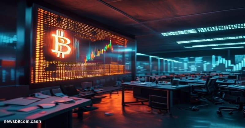 Cinematic photorealistic editorial photograph of a large illuminated Bitcoin price ticker display mounted on a dark trading f