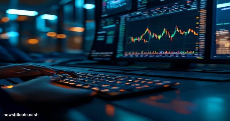 Cinematic photorealistic editorial photograph of a glowing digital trading terminal in a dimly lit institutional trading floo
