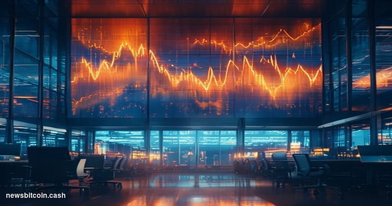 Cinematic photorealistic editorial photograph of a large financial trading floor display screen showing a Bitcoin price chart