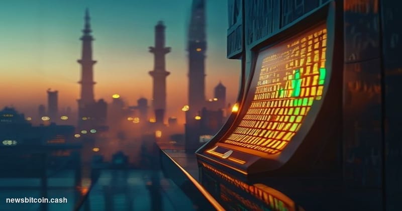 Cinematic photorealistic editorial photograph, dramatic low-angle shot of a Bitcoin price ticker glowing amber on a professio