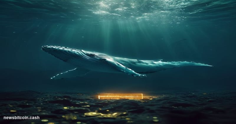 Cinematic photorealistic editorial photograph of a massive humpback whale silhouette submerged beneath dark, deep-ocean water