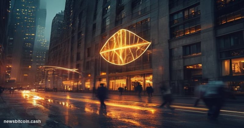 Cinematic photorealistic editorial photograph of a large illuminated Bitcoin symbol mounted on a dark marble financial distri