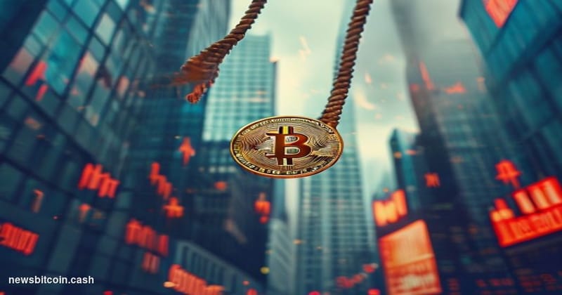Cinematic photorealistic editorial photograph of a physical golden Bitcoin coin suspended mid-air on a bungee cord against a 