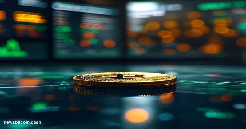 Cinematic photorealistic editorial photograph of a dramatic close-up shot of a physical gold Bitcoin coin balanced on the edg