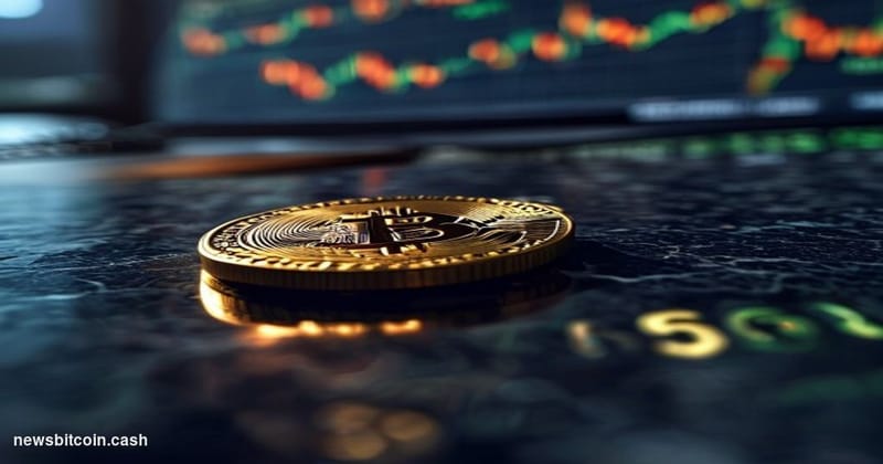 Cinematic photorealistic editorial photograph of a dramatic close-up of a physical gold Bitcoin coin balanced on the edge of 