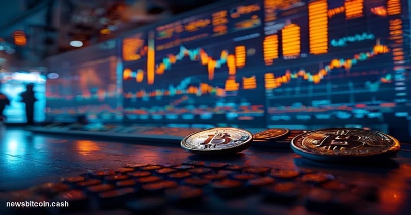 Cinematic photorealistic editorial photograph of a large professional trading floor bathed in amber and electric-blue lightin
