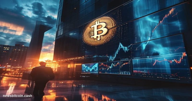 A cinematic photorealistic editorial photograph of a large illuminated Bitcoin symbol mounted on a dark financial district bu