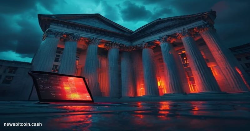 Cinematic photorealistic editorial photograph of the Federal Reserve Building in Washington D.C. shot from a low angle at dus
