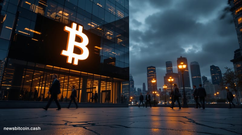 Cinematic photorealistic editorial photograph of a large illuminated Bitcoin symbol mounted on a dark glass financial distric
