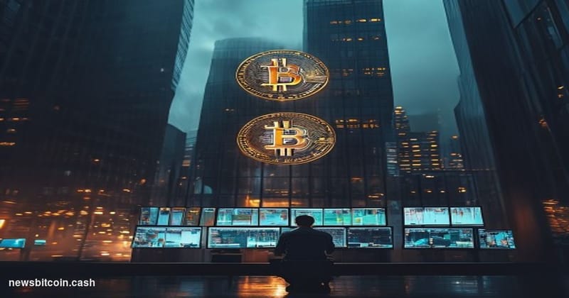 A cinematic photorealistic editorial photograph of a large illuminated Bitcoin symbol mounted on a dark glass financial distr