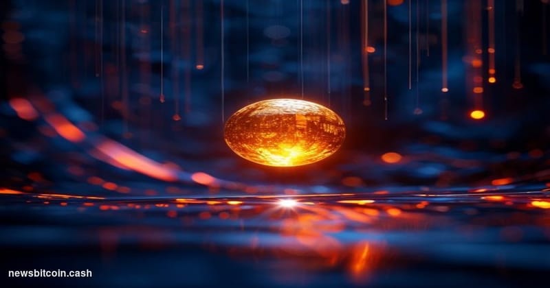 Cinematic photorealistic editorial photograph of a glowing Bitcoin gold coin suspended in mid-air above a chaotic downward-tr
