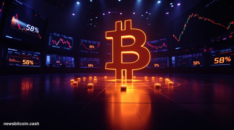 Cinematic photorealistic editorial photograph of a massive illuminated Bitcoin symbol casting a long shadow across a dark tra