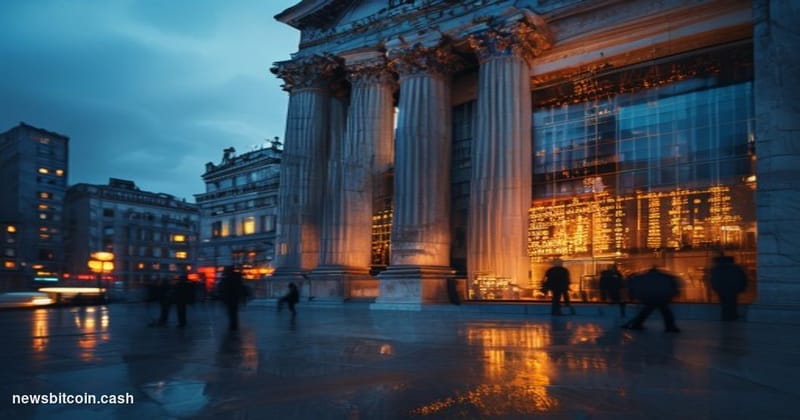 Cinematic photorealistic editorial photograph of the New York Stock Exchange facade on Wall Street, shot from a low angle at 