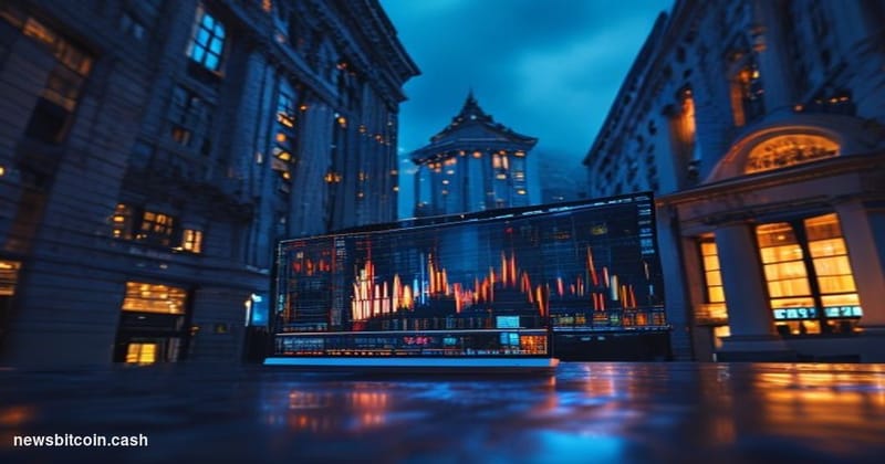 Cinematic photorealistic editorial photograph of the Wall Street financial district in Lower Manhattan at dusk, with the New 