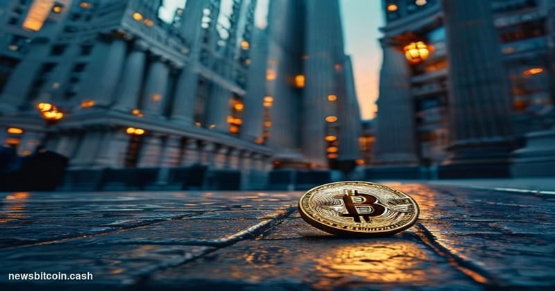 Cinematic photorealistic editorial photograph of the New York Stock Exchange's iconic neoclassical facade on Wall Street, sho