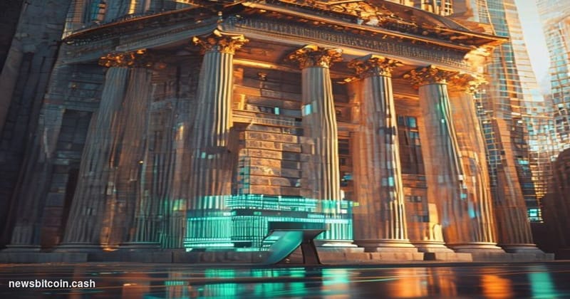 Cinematic photorealistic editorial photograph of the New York Stock Exchange building on Wall Street, shot from a low angle a