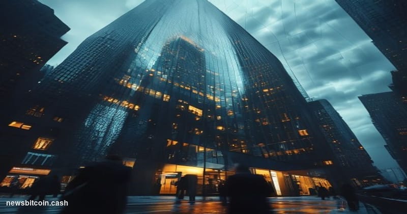 A cinematic photorealistic editorial photograph shot at ground level looking up at BlackRock's Manhattan headquarters tower, 