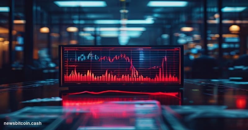 Cinematic photorealistic editorial photograph of a Bloomberg terminal screen displaying red Bitcoin price charts and ETF outf