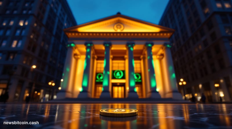 Cinematic photorealistic editorial photograph of the New York Stock Exchange building on Wall Street, shot from a low angle a
