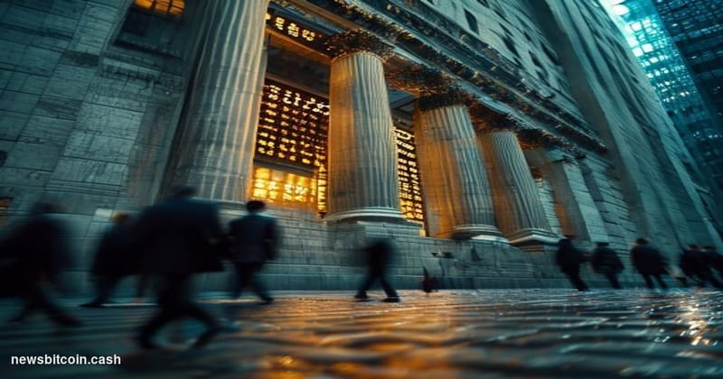 Cinematic photorealistic editorial photograph shot from a low angle looking up at the New York Stock Exchange facade on Wall 