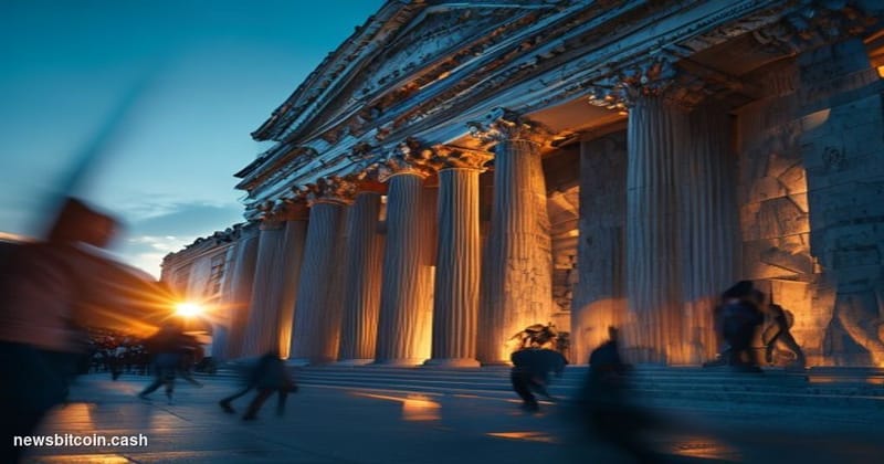 Cinematic photorealistic editorial photograph of the New York Stock Exchange building on Wall Street, shot from a low angle a