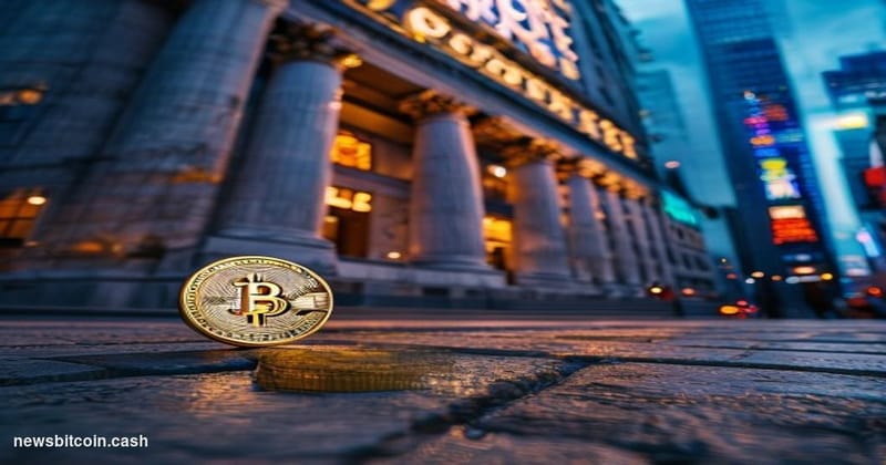 Cinematic photorealistic editorial photograph of the New York Stock Exchange building facade on Wall Street, shot at dusk wit
