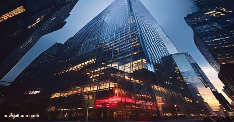 Cinematic photorealistic editorial photograph of the BlackRock headquarters building in Midtown Manhattan, shot from a low an