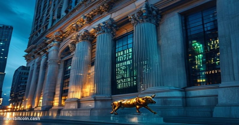 Cinematic photorealistic editorial photograph of the New York Stock Exchange's iconic neoclassical facade on Wall Street at d