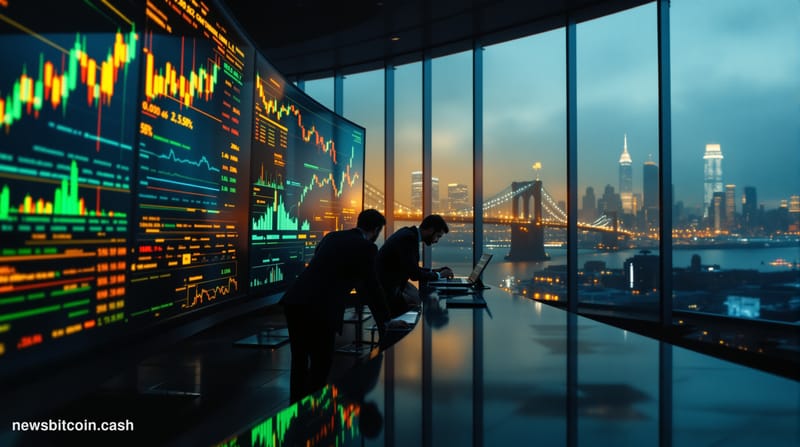 Cinematic photorealistic editorial photograph of a dramatic Wall Street trading floor environment at dusk, bathed in warm amb