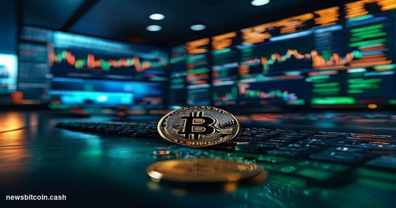 Cinematic photorealistic editorial photograph of a large financial trading floor with multiple screens displaying upward-tren