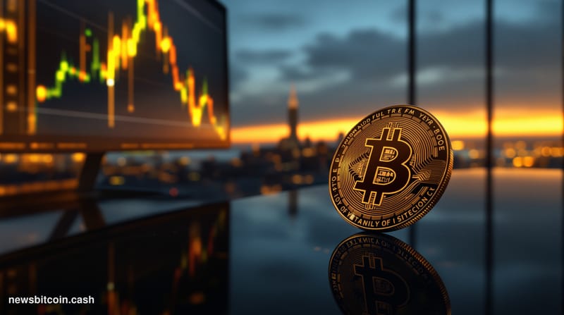 Cinematic photorealistic editorial photograph of a dramatic close-up of a physical gold Bitcoin coin resting on the edge of a