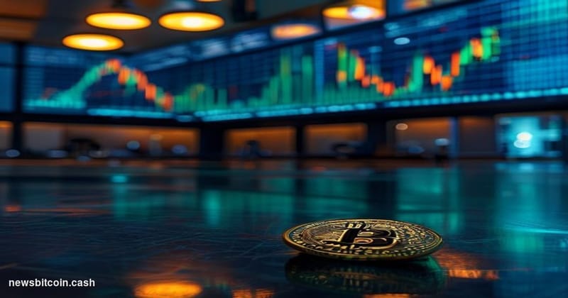 Cinematic photorealistic editorial photograph of a large financial trading floor interior — rows of glowing monitors displayi