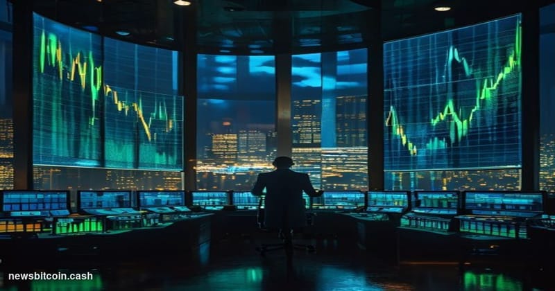 Cinematic photorealistic editorial photograph of a large financial trading floor at night, with massive curved monitors displ