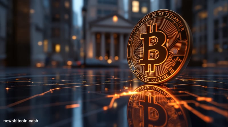 Cinematic photorealistic editorial photograph of a large Bitcoin coin emblem reflected on a dark polished trading floor surfa