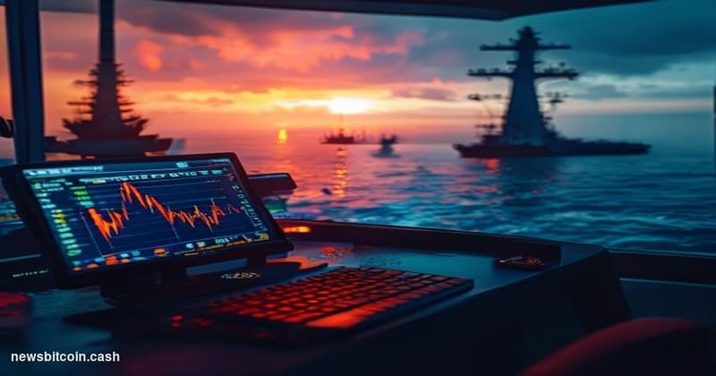 Cinematic photorealistic editorial photograph of a split-scene composition: in the foreground, a trading terminal screen disp