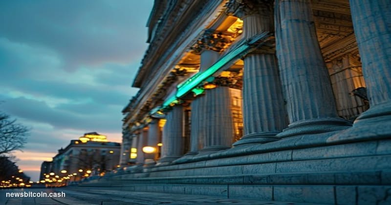 Cinematic photorealistic editorial photograph of the Federal Reserve Building in Washington D.C. at dusk, shot from a low ang