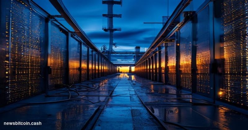 A cinematic photorealistic editorial photograph of a massive industrial data center campus at dusk, shot from a low angle loo