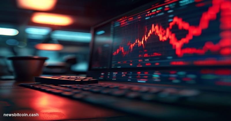 A dramatic close-up of a Bloomberg terminal screen displaying a sharp red declining Bitcoin price chart, set inside a dimly l