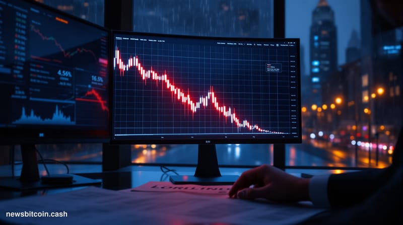Cinematic photorealistic editorial photograph of a Bloomberg terminal screen in a dimly lit trading desk environment, display