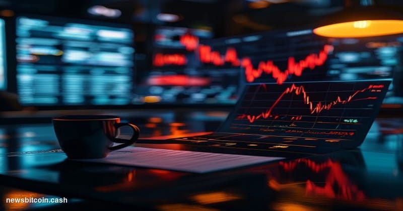 A cinematic photorealistic editorial photograph of a Bloomberg terminal-style trading screen displaying a sharp red declining