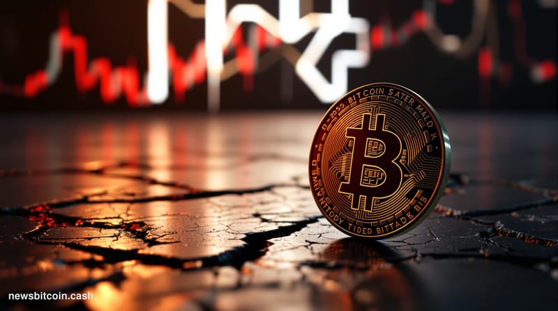 Cinematic photorealistic editorial photograph of a physical Bitcoin coin resting on a cracked, weathered trading floor surfac