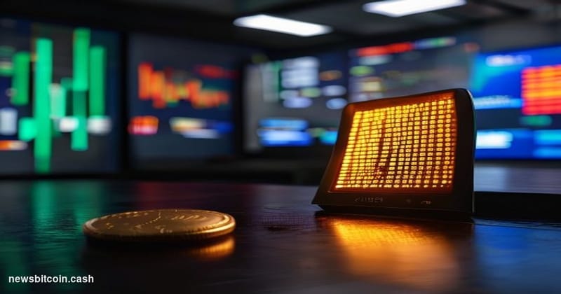 Cinematic photorealistic editorial photograph of a large Bitcoin price ticker display mounted on a financial trading floor wa