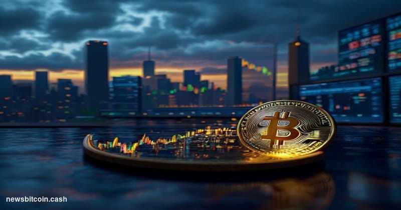 Cinematic photorealistic editorial photograph of a large illuminated Bitcoin symbol rising above a dark Manhattan financial d