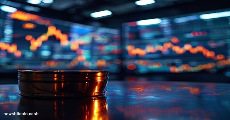 Cinematic photorealistic editorial photograph shot at eye level from a trading floor perspective, dramatic side-lighting cast
